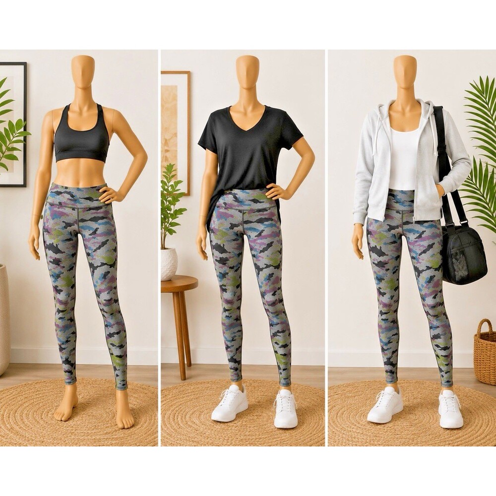 VOGO Athletica Womens Leggings XL Watercolor  Blues Black Coin/key Pocket Capri